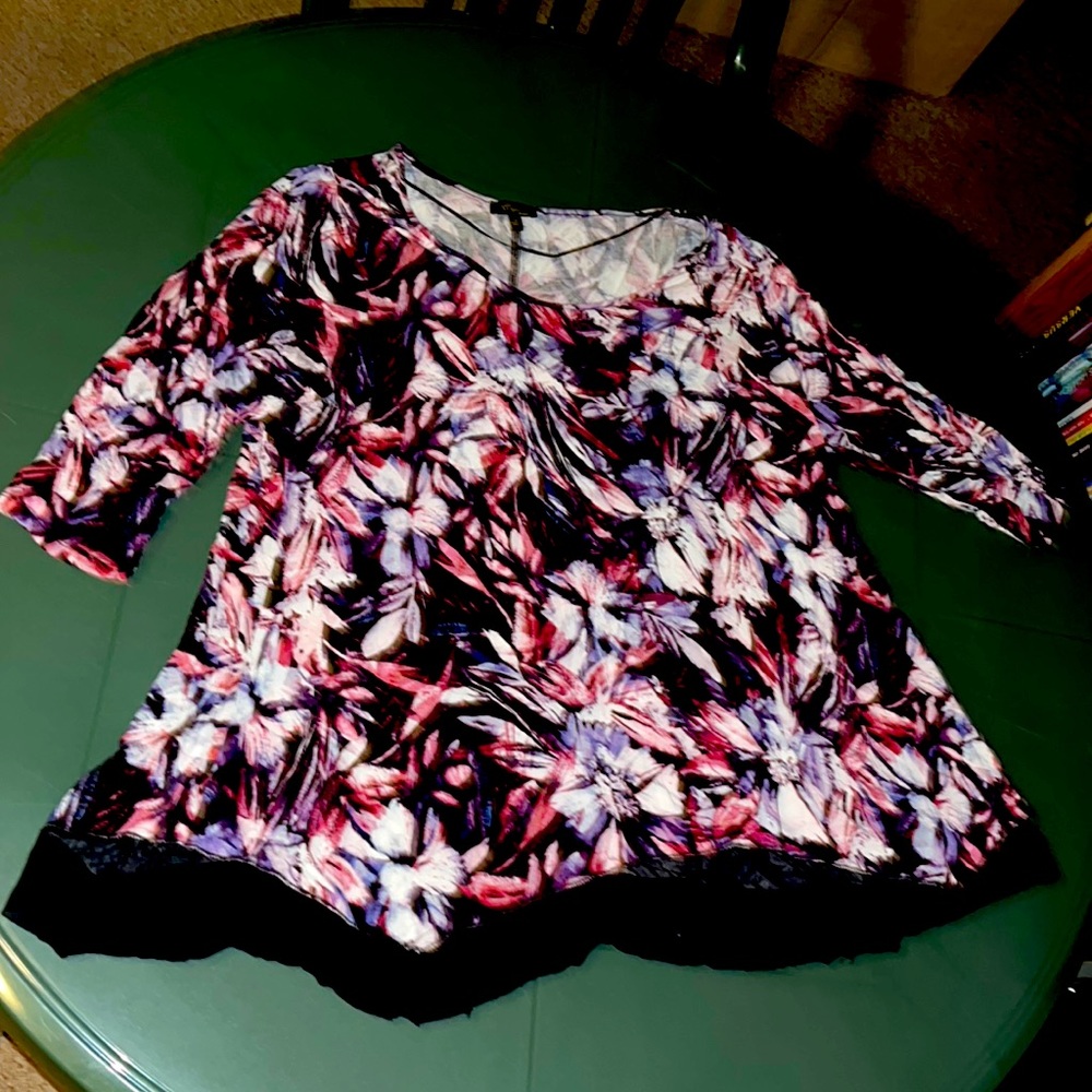 2X Purple & Pink Floral Top with Black Mesh Bottom